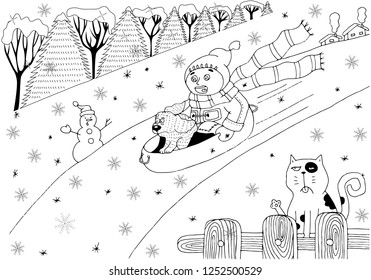 The boy rides from the ice mountain with the dog. Snowman and cat are looking at them. Winter vector illustration. Holidays, recreation, sports, entertainment.