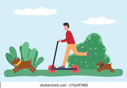 Boy rides kick scooter in park or lawn. Human powered street vehicle with handlebar, deck. Rider pushing off ground and moving. Domestic dogs running after guy. Vector illustration in flat style