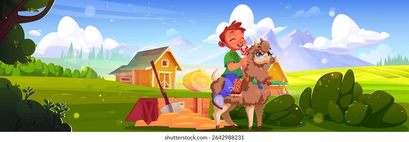 Boy rides llama holding candy near wooden box in country village - happy child with pink lollipop sits on fluffy alpaca beside wood chest. Rural farm landscape with kid sits atop decorated animal.