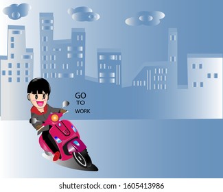 The boy rides a motorcycle on blue background