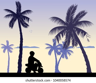 Boy rides on a motorcycle toy on the beach, one in the series of similar images silhouette
