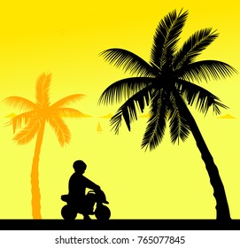 Boy rides on a motorcycle toy on the beach, one in the series of similar images silhouette