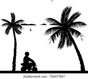 Boy rides on a motorcycle toy on the beach, one in the series of similar images silhouette
