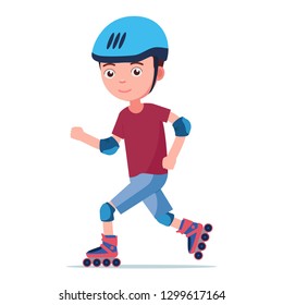 The boy rides on roller skates. The child in the helmet and the protection quickly edith on rollers. Vector illustration isolated on white, flat style.