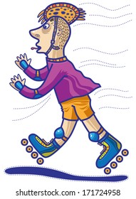 A boy rides on roller skates and performs a trick on two wheels