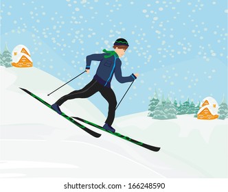 boy rides on skis in winter day