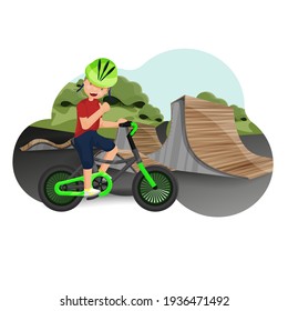 Un niño monta en el parque en un rocódromo. Adolescentes divirtiéndose en el parque de la ciudad montando una ilustración de un vector de bicicleta. Un niño en bicicleta y usando casco de bicicleta. Parque de patinaje.