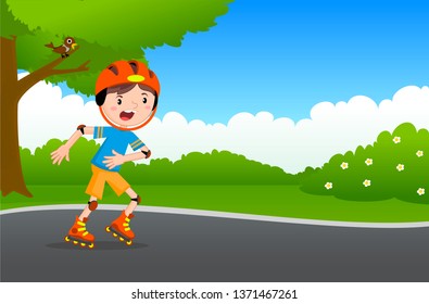 A boy rides a roller, rest in a summer park, a child on a roller in protective gear.