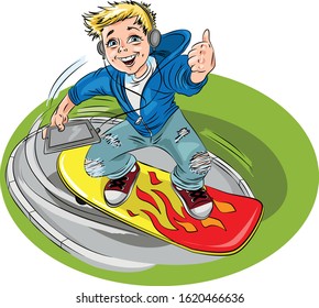 a boy rides a skateboard with headphones