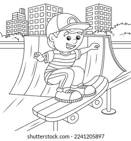 A boy rides a skateboard at the skatepark. Coloring book for children. Vector illustration