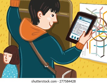 Boy rides in the subway and read e-books