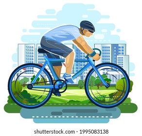 The boy ridesin a helmet a bicycle. Cycling. Fitness and healthy lifestyle. Flat cartoon style. Against the backdrop of a park in a big city. Isolated Illustration Vector