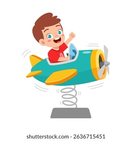 Boy Riding Airplane Spring Ride Smiling and Waving Hand Cartoon Illustration