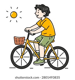 Boy riding bicycle with basket at beach