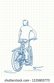 Boy riding bicycle, Blue pen sketch on square grid notebook page, Hand drawn vector linear illustration