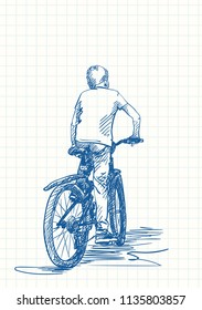 Boy riding bicycle, Blue pen sketch on square grid notebook page, Hand drawn vector illustration