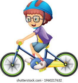 A boy riding a bicycle cartoon character isolated on white background illustration svg