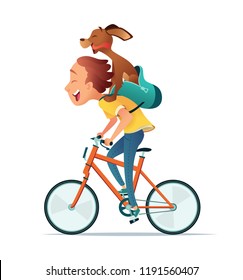 Boy riding a bicycle with a dog. Friendship of the child and the dog. Vector illustration