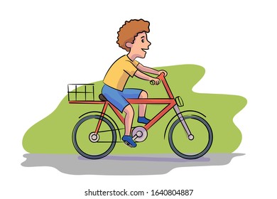 Boy riding bicycle flat vector illustration. Child on bike with basket cartoon character. Environment friendly, ecologically clean personal transport. Healthy lifestyle, nature protection