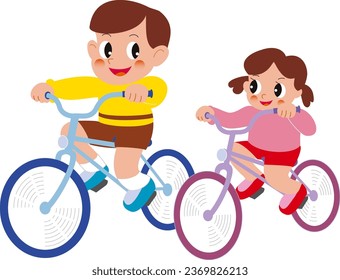 A boy riding a bicycle and a girl riding alongside him