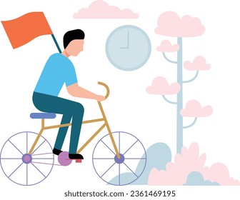 A boy is riding a bicycle holding a flag.