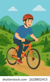 Boy riding bicycle on forest trail with mountain and trees background.