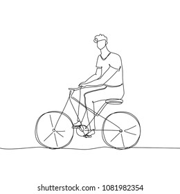 Boy riding a bicycle - one continuous line design style illustration isolated on white background. A young man cycling. High quality image for your presentation, flyer, banner