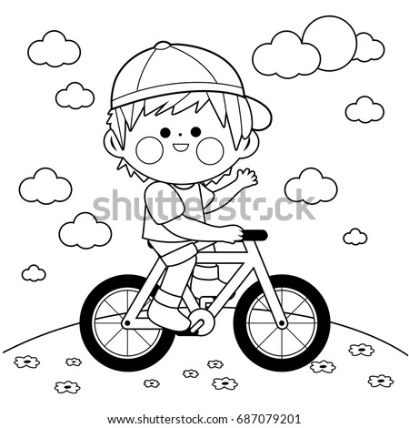 Boy Riding Bicycle Park Black White Stock Vector (Royalty Free