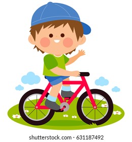Boy riding a bicycle at the park. Vector illustration