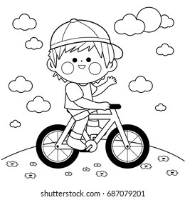 Boy riding a bicycle at the park. Vector black and white coloring page.