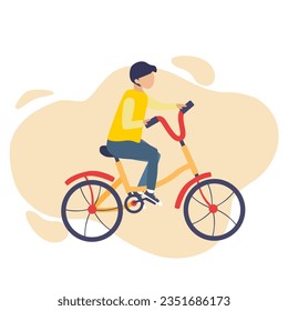 A boy riding bicycle with pastel yellow background. Healthy active lifestyle. Vector illustration in a flat style, Out door activity.
