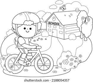 Boy Riding A Bicycle To School. Vector Black And White Coloring Page.
