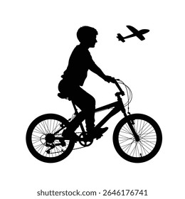 Boy Riding Bicycle with Toy Airplane Silhouette - Childhood Dreams and Outdoor Play	