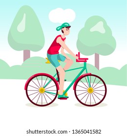Boy riding a bicycle vector illustration. Outdoor activity. Young man cartoon character traveling.  