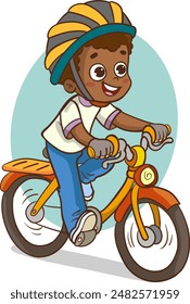 Boy riding a bicycle. Vector illustration character cartoon little boy riding a bicycle. Child with helmet riding a bicycle. Child riding a bicycle safely.