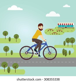 Boy is riding bicycle. Vector illustration.
