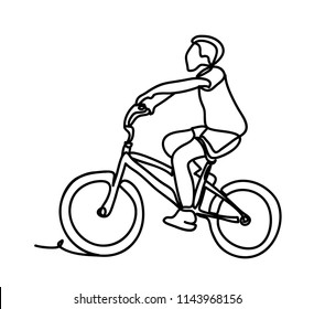 Boy riding bike. Continuous line drawing. Isolated on the white background. Vector monochrome, drawing by lines