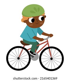 Boy Riding A Bike In Helmet Icon. Cute Eco Friendly Kid. Child Using Alternative Transport. Earth Day Or Healthy Lifestyle Concept

