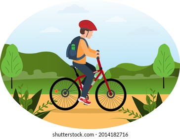 A boy riding a bike in the helmet at the park, healthy lifestyles concept, sport life concept, flat vector illustration