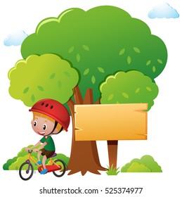 Boy riding bike in park illustration