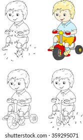 Boy riding a bike. Vector illustration. Coloring and dot to dot educational game for kids