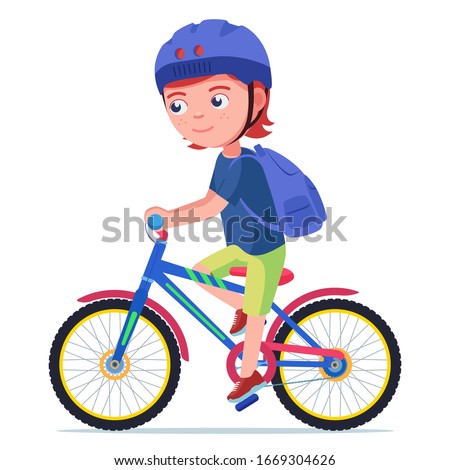 Boy riding a bike. Vector illustration character cartoon little boy riding a bike in a helmet and a backpack. Child in a helmet drives a bicycle. Kid safe cycling.