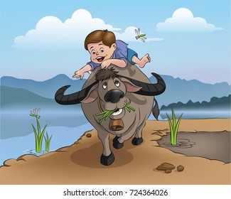 Boy riding a buffalo - background with mountains and sky