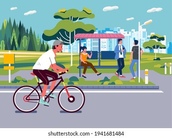 a boy riding bycicle in the city, people on bus stop waiting for the bus, city line as background. used for banner, poster and other