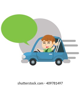 Boy riding car with callout