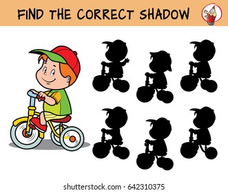 Boy riding a children's bicycle. Find the correct shadow. Educational game for children. Cartoon vector illustration