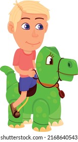 Boy riding dinosaur toy. Funny kid game