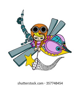 Boy riding a dragonfly. vector fantasy illustration