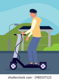 boy riding electric kick scooter cartoon