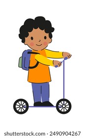 Boy riding an electric scooter. Child with scooter isolated on white background.
